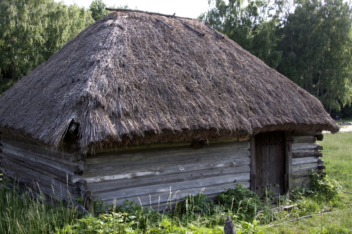 Изба с соломенной крышей в древней Руси
